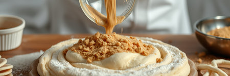 Delicious dessert being prepared with creamy filling and crumbled topping in a bakery kitchenの素材