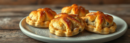 Delicious freshly baked pastries on a rustic wooden table ready to be enjoyedの素材
