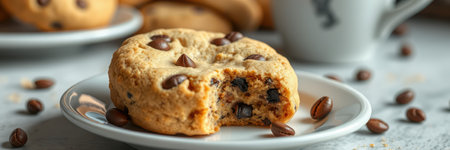 Delicious chocolate chip cookie with coffee beans on a plate, served in a cozy kitchen settingの素材