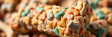 Colorful pet treats made from crunchy ingredients displayed in a close-up view in a well-lit settingの素材