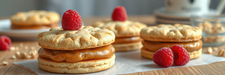 Delicious homemade cookies filled with caramel and topped with fresh raspberries in a cozy kitchen settingの素材