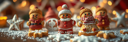 Festive gingerbread cookies decorated for the holiday season on a snowy table with twinkling lights in the backgroundの素材