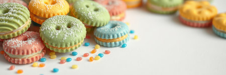 Colorful candy-coated cookies displayed on a white surface with colorful sprinkles scattered nearby, inviting sweet treats for dessert loversの素材