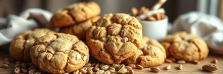 Freshly baked cookies with oats and nuts arranged on a wooden table in a cozy kitchen settingの素材