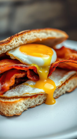 Delicious breakfast sandwich with crispy bacon and runny egg served on fresh breadの素材
