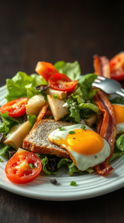 Delicious breakfast plate featuring fresh vegetables, crispy bacon, and a perfectly cooked eggの素材