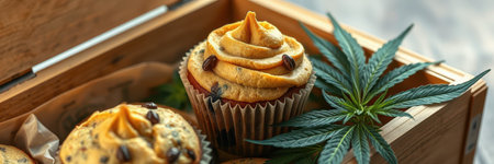 Delicious cupcakes topped with creamy frosting and edible cannabis leaves in wooden box settingの素材