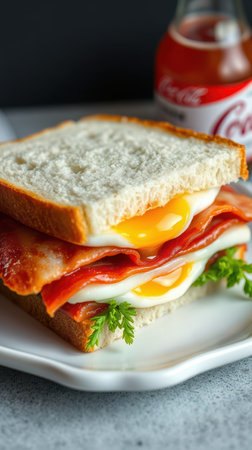 Delicious breakfast sandwich with crispy bacon, eggs, and fresh herbs on a plate next to a drinkの素材