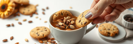 Enjoying a cozy moment with chocolate chip cookies and coffee at home during the afternoonの素材