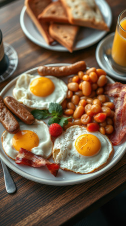 Breakfast platter with eggs, sausage, baked beans, and toast served in a cozy dinerの素材