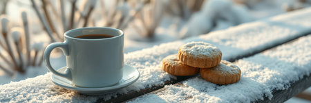 Warm cup of coffee and cookies on snowy wooden table during winter morningの素材