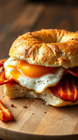 Delicious breakfast bagel with crispy bacon and sunny-side-up egg on a wooden boardの素材