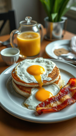 Delicious breakfast of pancakes, eggs, and bacon served in a cozy diner setting during morning hoursの素材