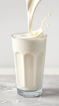 Creamy milk splashing into a glass, showcasing a fresh pour for a delicious beverage experienceの素材