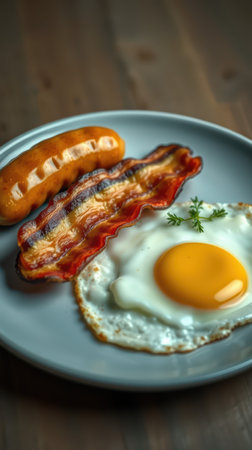 Delicious breakfast plate featuring crispy bacon, sausage, and a sunny-side-up egg on a rustic table settingの素材