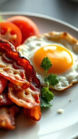 Breakfast plate with crispy bacon, sunny side up egg, and fresh tomatoes served on a white dishの素材