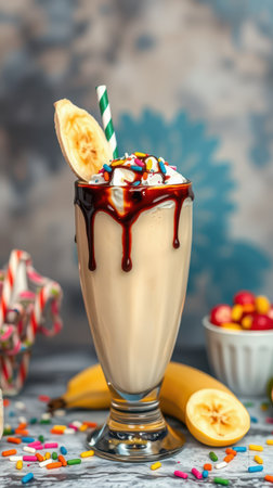 Delicious milkshake topped with whipped cream, chocolate syrup, and banana in a stylish glass with colorful sprinklesの素材