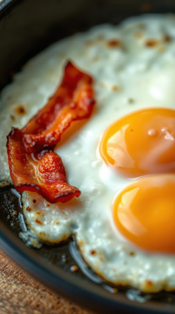 Delicious breakfast featuring perfectly cooked eggs and crispy bacon on a rustic wooden tableの素材