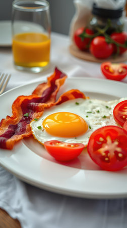Delicious breakfast consisting of sunny side up egg, crispy bacon, fresh tomatoes, and orange juice on a dining tableの素材