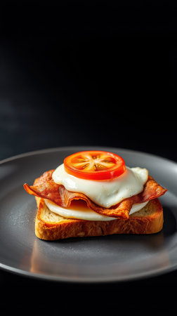 Delicious toasted bread topped with creamy sauce, ham, and fresh tomato slice on a dark plateの素材
