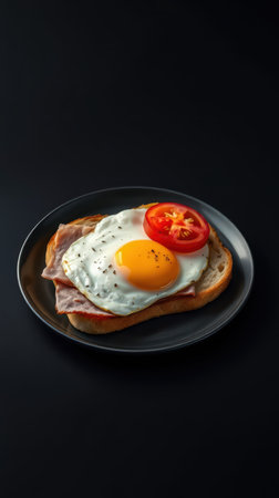 Delicious open-faced sandwich with egg and tomatoes served on a black plateの素材