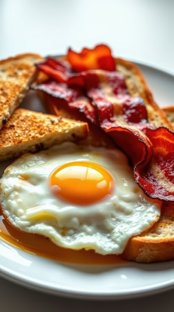 Delicious breakfast plate featuring toast, fried egg, and crispy bacon enjoyed in a cozy kitchen settingの素材