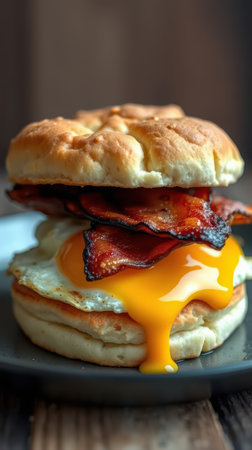 Breakfast sandwich featuring crispy bacon, fried egg, and a runny yolk on a soft biscuitの素材