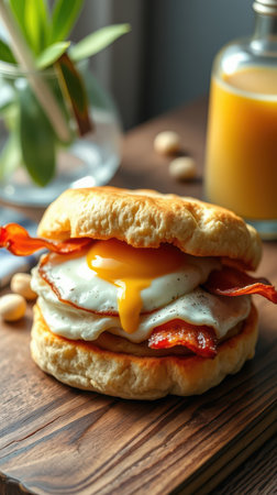 Delicious breakfast sandwich with crispy bacon, runny egg, and flaky biscuit served with juiceの素材