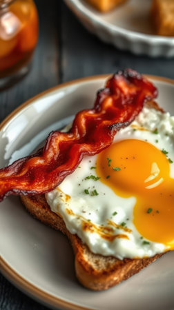 Breakfast plate featuring sunny side up eggs and crispy bacon on toast served in a cozy cafe settingの素材