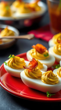Delicious deviled eggs with smoky toppings served on a red plate during a festive gatheringの素材