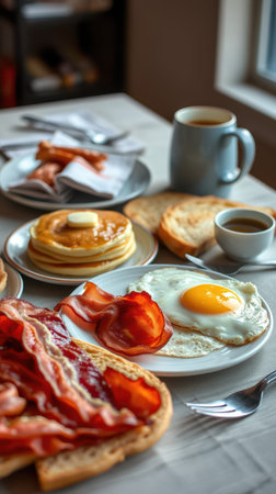 Delicious breakfast spread featuring pancakes, bacon, eggs, and toast in cozy settingの素材