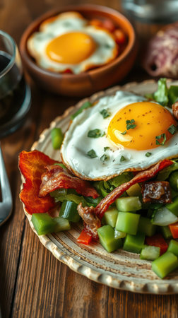 Brightly colored breakfast plate with fresh vegetables and fried eggs in a cozy settingの素材