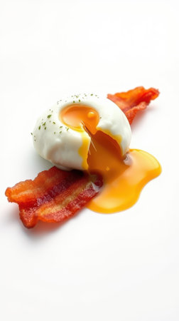 Perfectly cooked poached egg resting on crispy bacon with golden yolk spilling outの素材