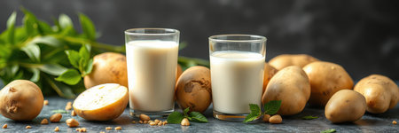 Potato milk in two glasses surrounded by fresh potatoes and mint leaves on a dark surfaceの素材