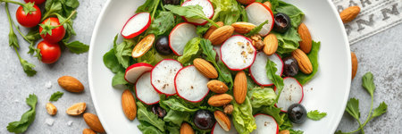 Fresh salad with radishes, lettuce, olives, and almonds prepared in a bright kitchen settingの素材