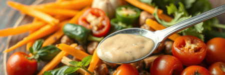 Colorful vegetable salad with fresh toppings and a spoonful of dressing on a wooden plateの素材