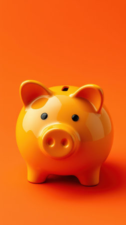 Bright orange piggy bank stands against a vibrant background representing savings and financial goalsの素材