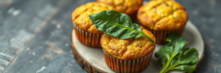 Freshly baked muffins with spinach served on a wooden plate in a cozy kitchen settingの素材