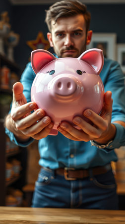 Man holding a pink piggy bank in a cozy indoor setting while encouraging saving habitsの素材