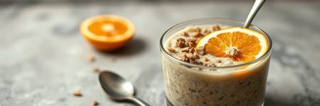 Creamy oatmeal topped with fresh orange slices and crunchy nuts sits on a rustic tableの素材