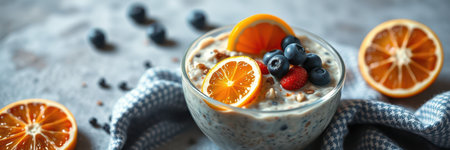 Healthy breakfast bowl with fruits and nuts prepared in a cozy kitchen settingの素材