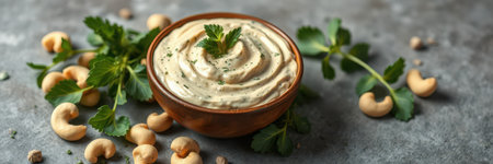 Delicious cashew cream garnished with fresh cilantro on a textured gray backgroundの素材