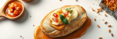 Delicious dessert made with bread, dulce de leche, and fresh fruit served on a white plateの素材