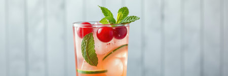 Refreshing drink garnished with mint and cherries in a glass by a wooden backgroundの素材