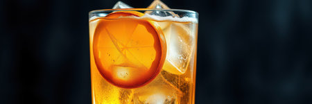 Refreshing iced beverage served in a glass with ice cubes and a slice of orange for a delightful summer experienceの素材