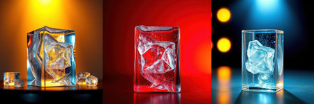 Unique artistic display of ice cubes illuminated with vibrant colored lighting in a creative arrangementの素材