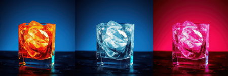 Colorful ice cubes create an artistic display in illuminated glass during a creative drinking experienceの素材