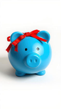 Bright blue piggy bank with a red ribbon sitting on a white surface, symbolizing saving and financial literacy for childrenの素材