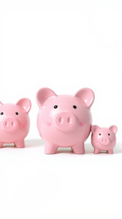 Three cheerful pink piggy banks arranged in a row on a white background for savings and financial goalsの素材
