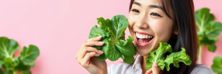 Young woman joyfully holding fresh lettuce in front of a colorful background with plantsの素材